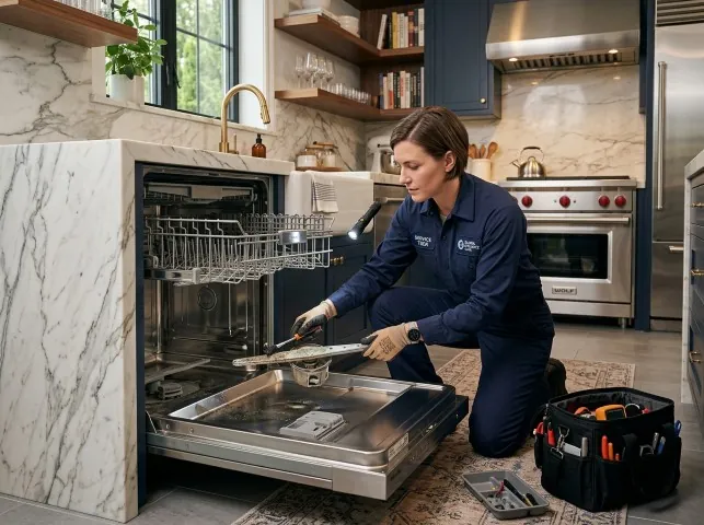Appliance Repair Hero technician servicing a built-in dishwasher in a Berlin Heights, OH kitchen