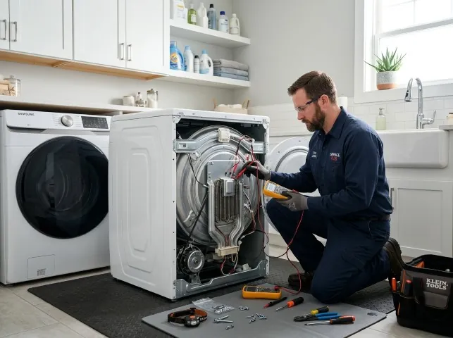 Appliance Repair Hero technician checking a dryer heating element with the rear panel off in Berlin Heights, OH