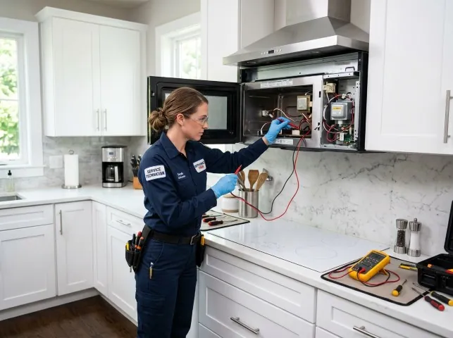 Appliance Repair Hero technician testing an over-the-range microwave in a Berlin Heights, OH kitchen