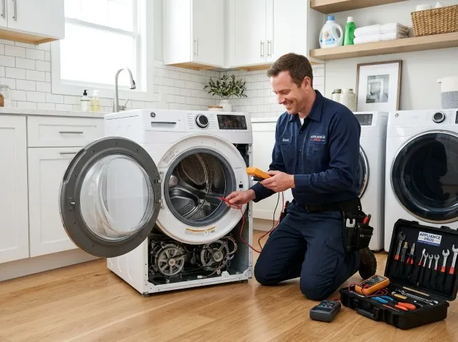Appliance Repair Hero technician testing a front-load washer with a multimeter on a Berlin Heights, OH service call